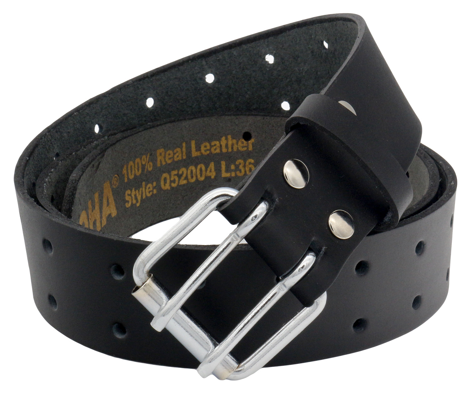 QHA Mens Real Leather Belt for Jeans with Double Pin Buckle Full Grain Cowhide Q17