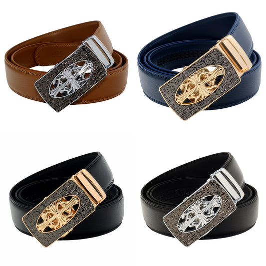 QHA Mens Ratchet Leather Belt Cross Automatic Buckle 35mm Wide Q21
