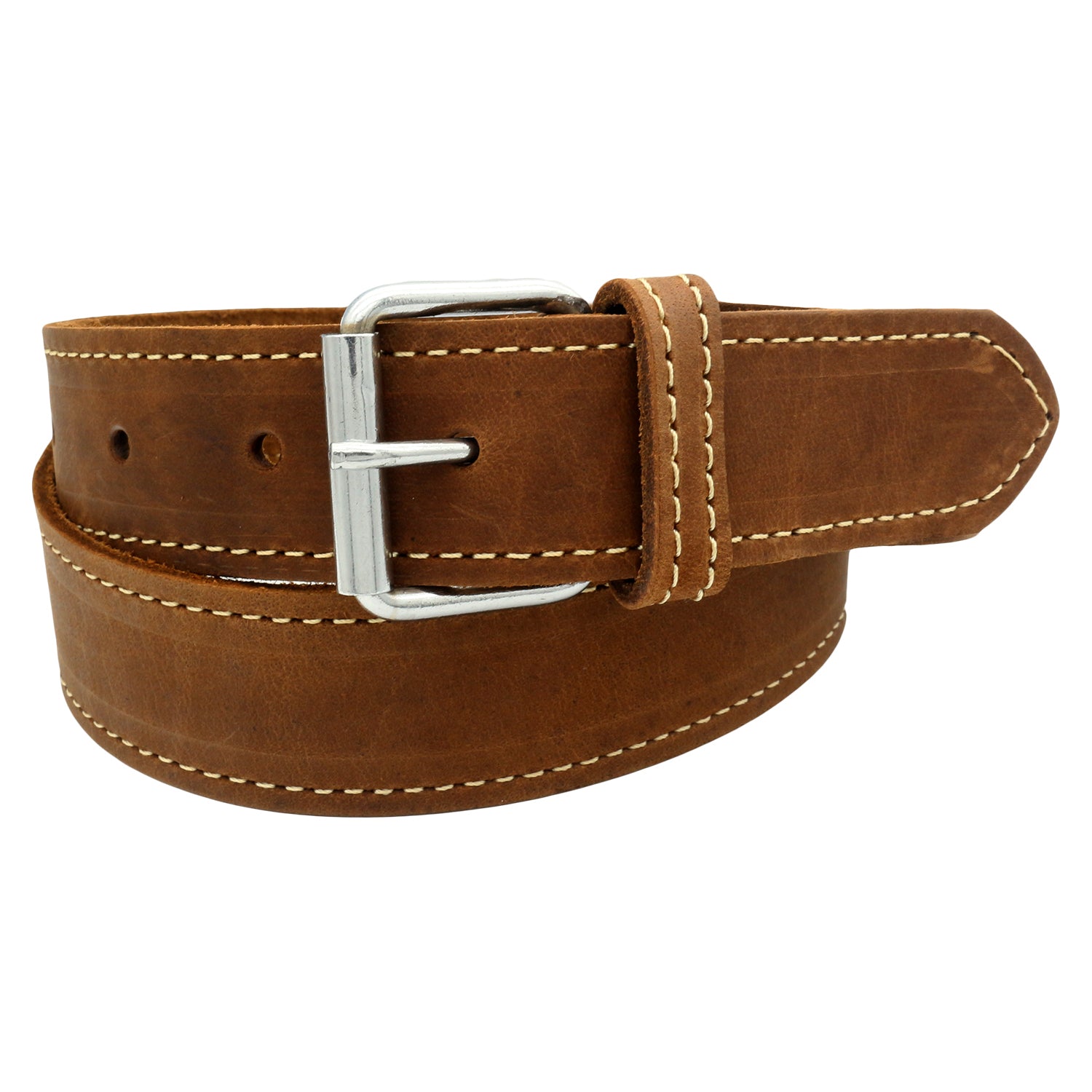 QHA Men's 38mm Full Grain Leather Belt, Pin Buckle, Brown Contrast Stitch Q24
