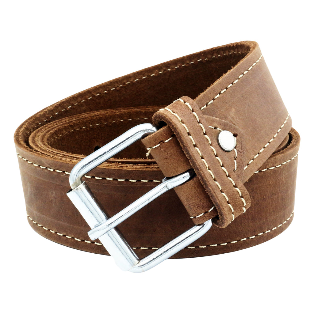 QHA Men's 38mm Full Grain Leather Belt, Pin Buckle, Brown Contrast Stitch Q24