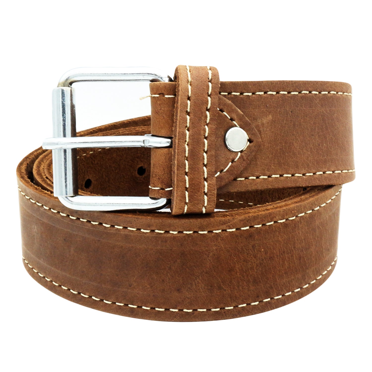 QHA Men's 38mm Full Grain Leather Belt, Pin Buckle, Brown Contrast Stitch Q24