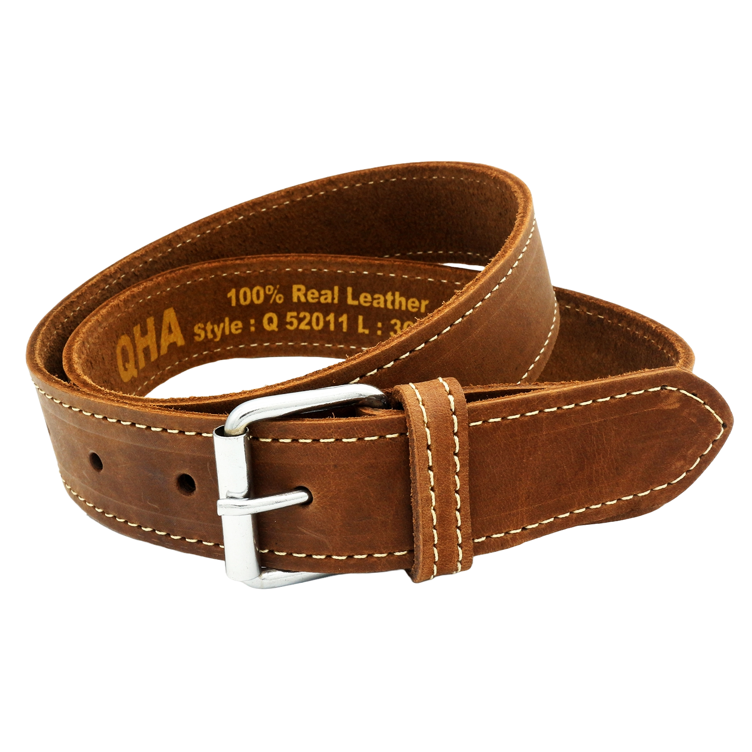 QHA Men's 38mm Full Grain Leather Belt, Pin Buckle, Brown Contrast Stitch Q24