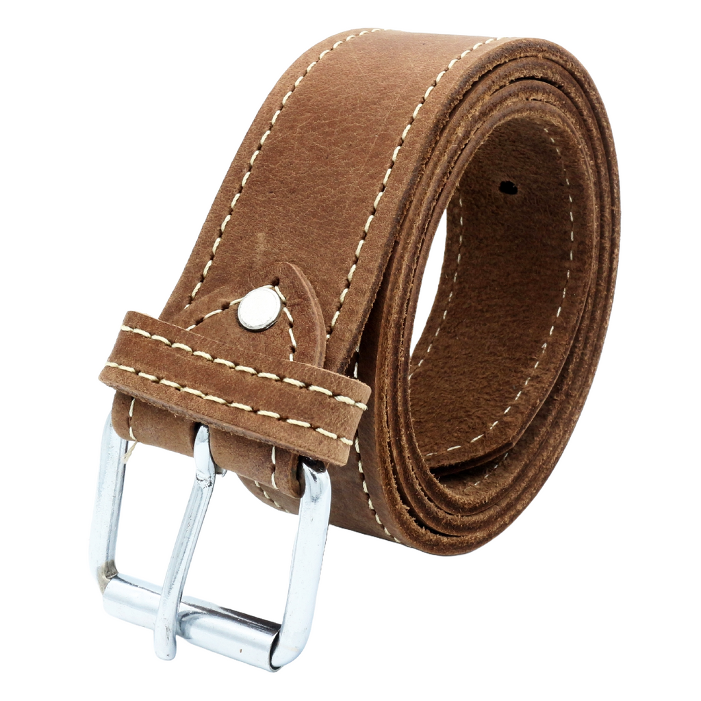 QHA Men's 38mm Full Grain Leather Belt, Pin Buckle, Brown Contrast Stitch Q24