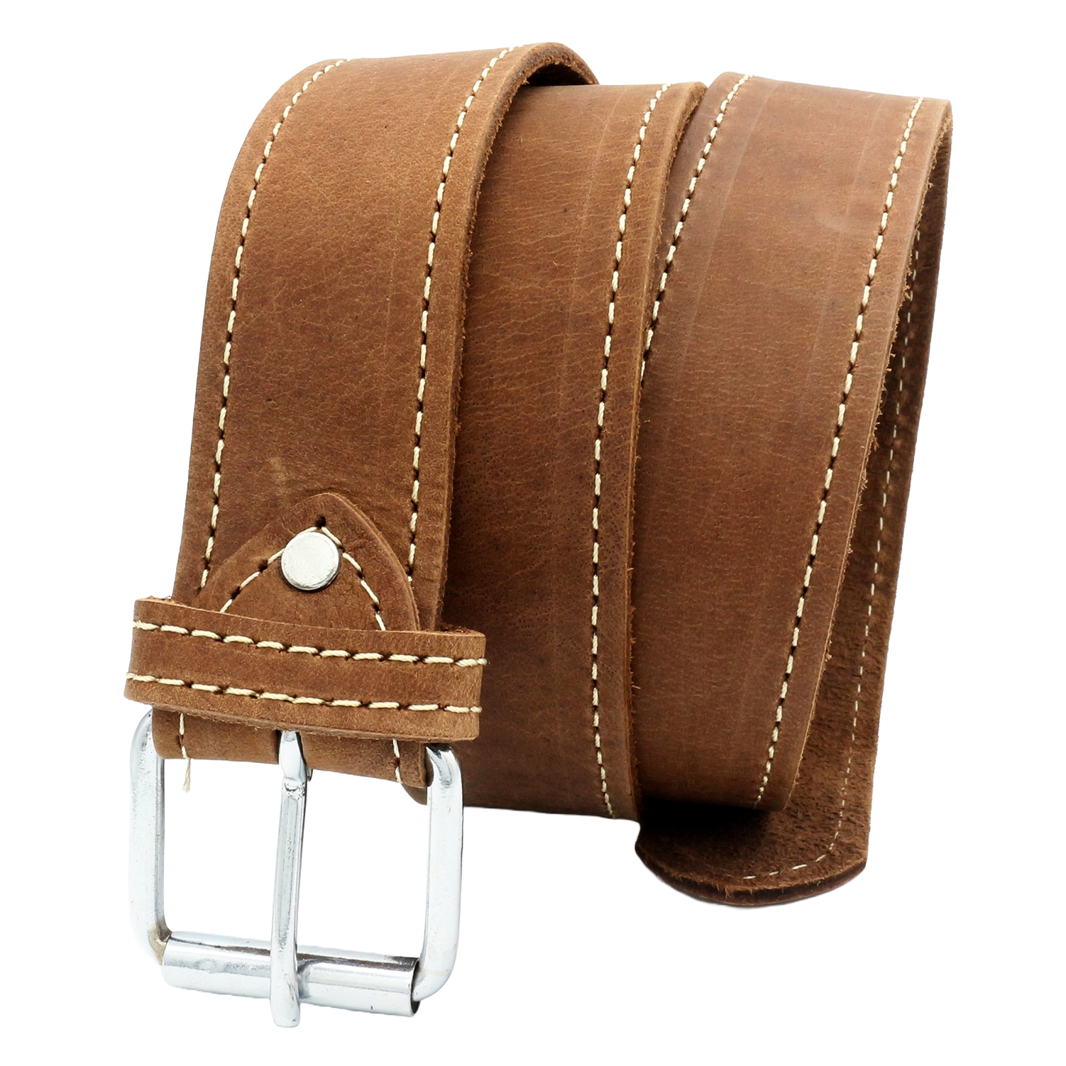 QHA Men's 38mm Full Grain Leather Belt, Pin Buckle, Brown Contrast Stitch Q24