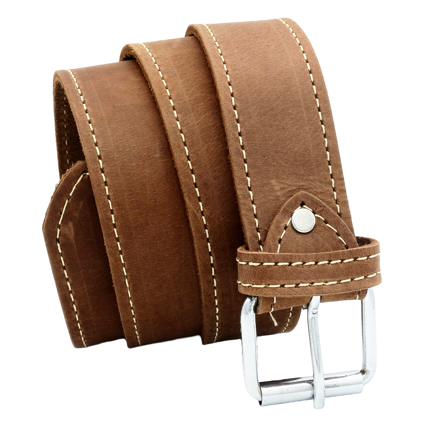 QHA Men's 38mm Full Grain Leather Belt, Pin Buckle, Brown Contrast Stitch Q24