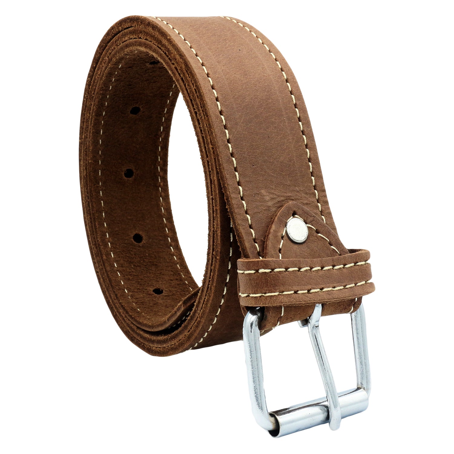 QHA Men's 38mm Full Grain Leather Belt, Pin Buckle, Brown Contrast Stitch Q24