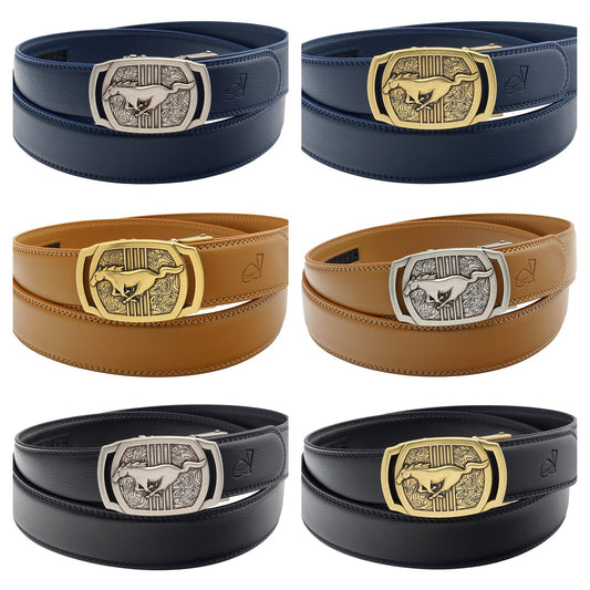 QHA Mens Ratchet Leather Belt Running Horse Automatic Buckle 35mm Wide Q26