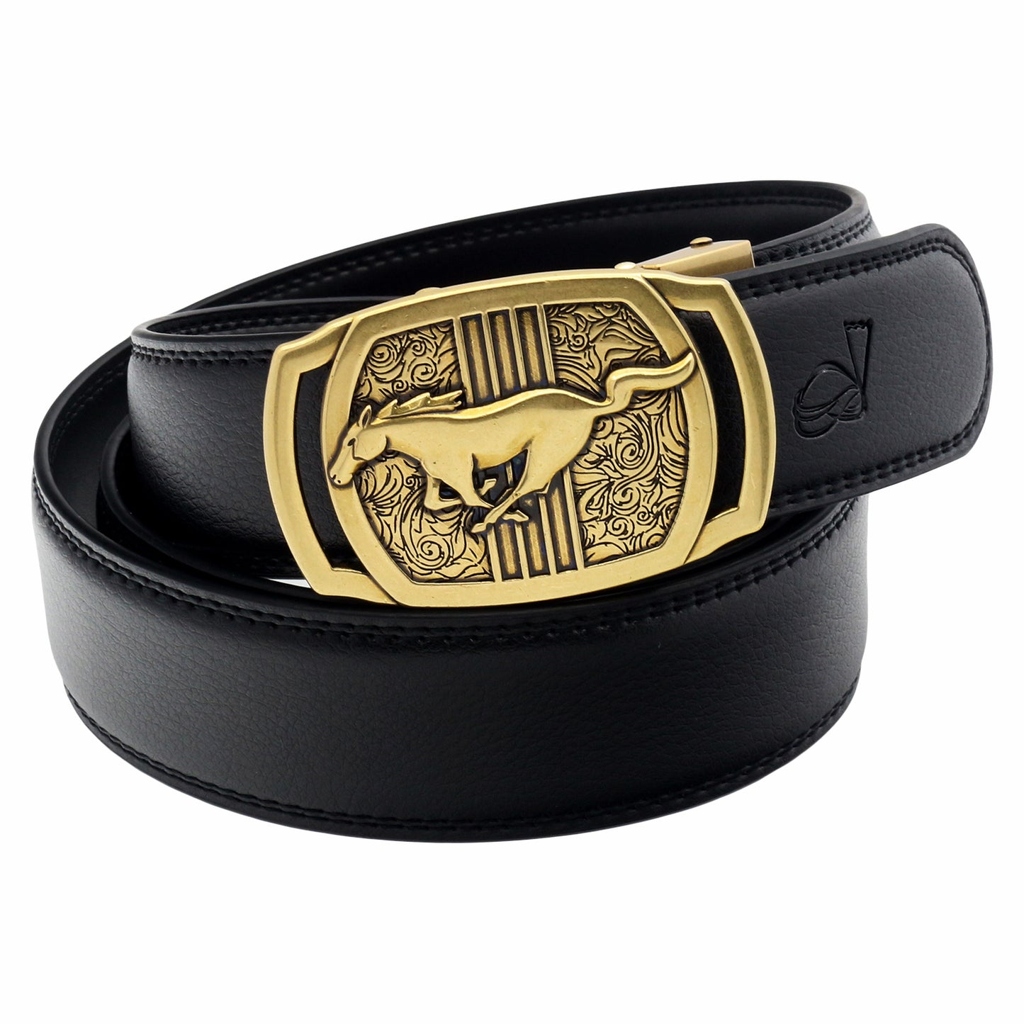 QHA Mens Ratchet Leather Belt Running Horse Automatic Buckle 35mm Wide Q26