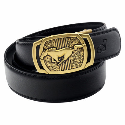 Men's Ratchet Leather Belt Running Horse Buckle 35mm Holeless