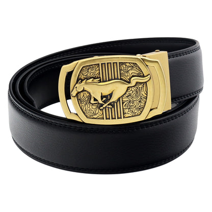 Men's Ratchet Leather Belt Running Horse Buckle 35mm Holeless