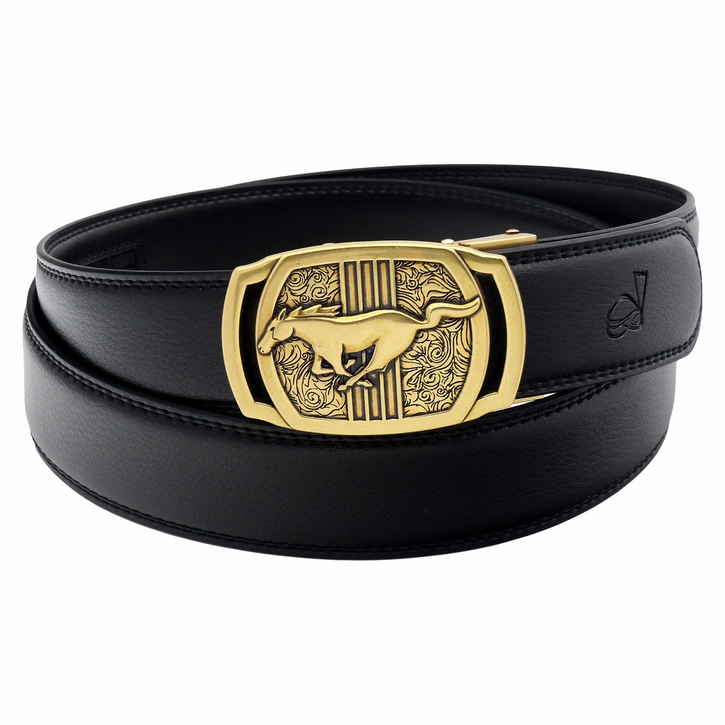 QHA Mens Ratchet Leather Belt Running Horse Automatic Buckle 35mm Wide Q26