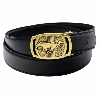 Men's Ratchet Leather Belt Running Horse Buckle 35mm Holeless