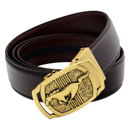 Men's Ratchet Leather Belt Running Horse Buckle 35mm Holeless
