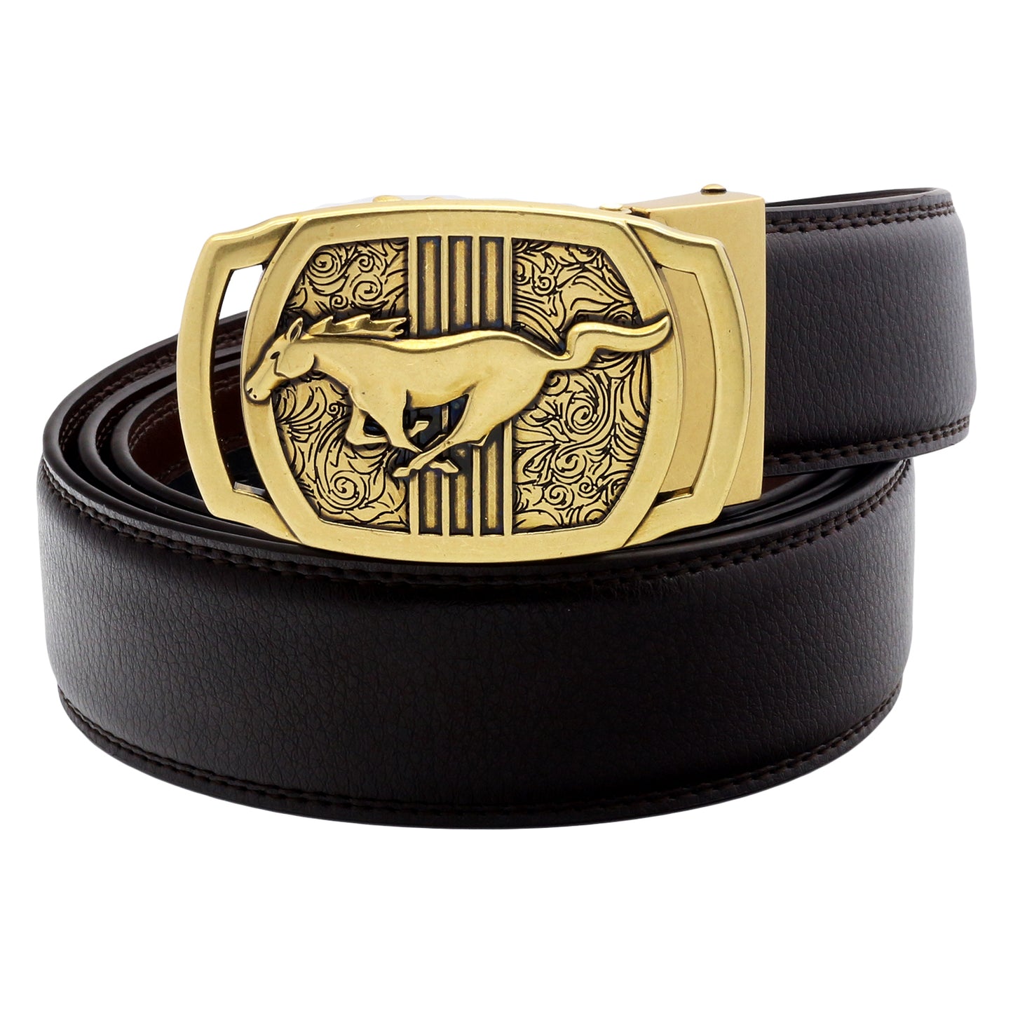 QHA Mens Ratchet Leather Belt Running Horse Automatic Buckle 35mm Wide Q26