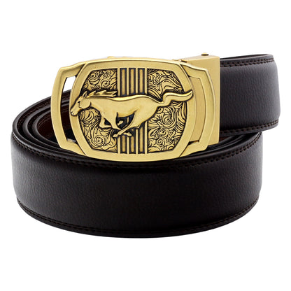 Men's Ratchet Leather Belt Running Horse Buckle 35mm Holeless