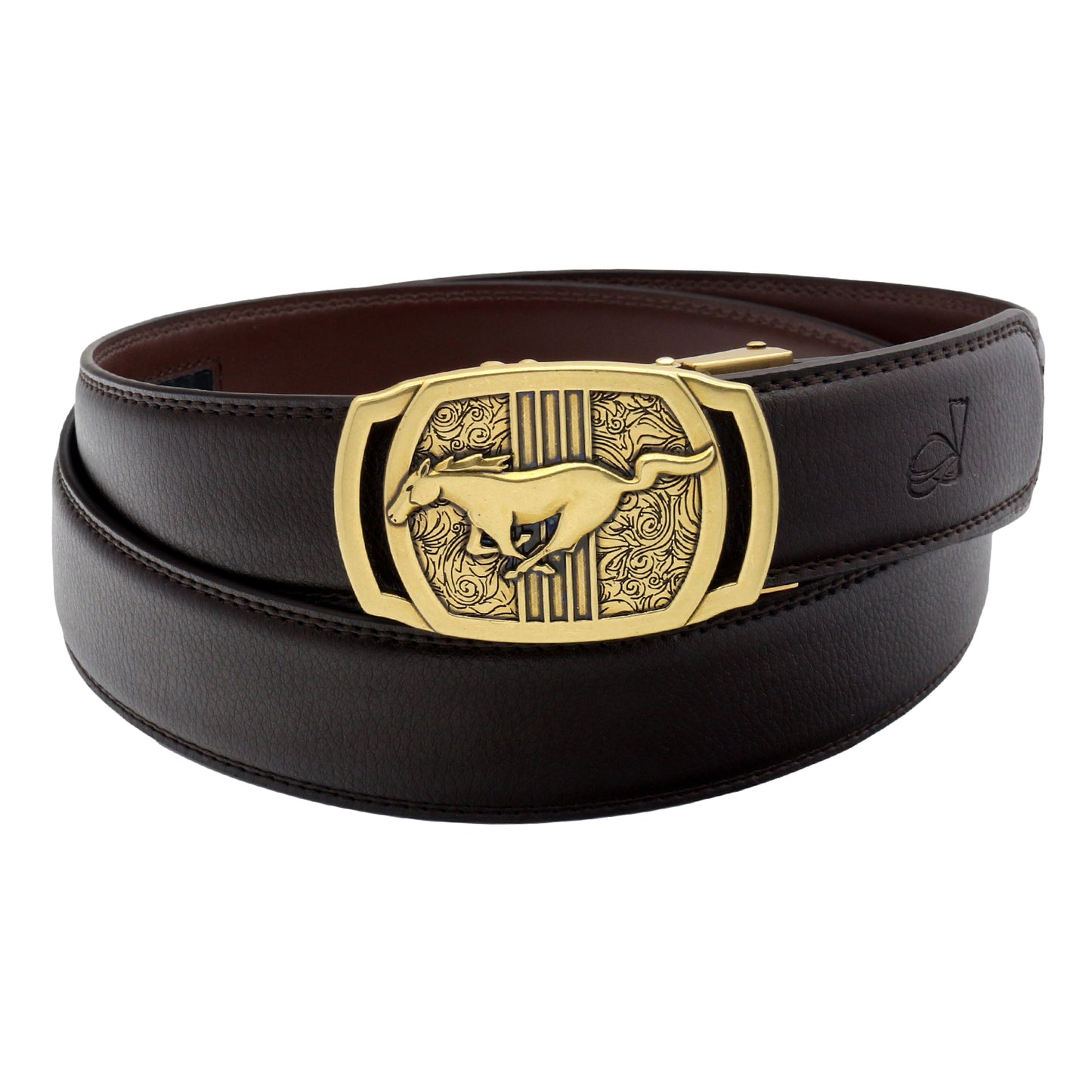 QHA Mens Ratchet Leather Belt Running Horse Automatic Buckle 35mm Wide Q26