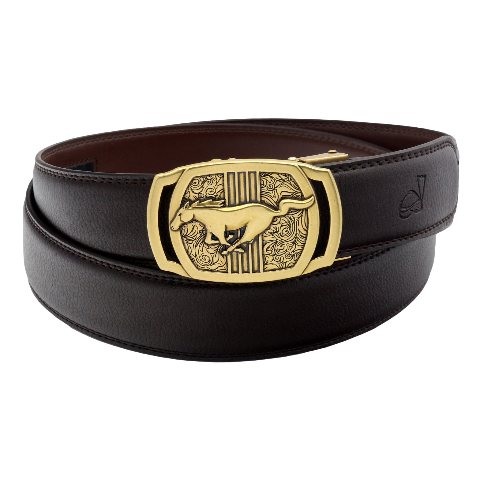 QHA Mens Ratchet Leather Belt Running Horse Automatic Buckle 35mm Wide Q26