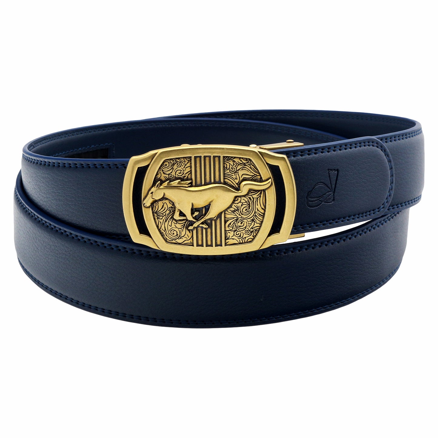 QHA Mens Ratchet Leather Belt Running Horse Automatic Buckle 35mm Wide Q26