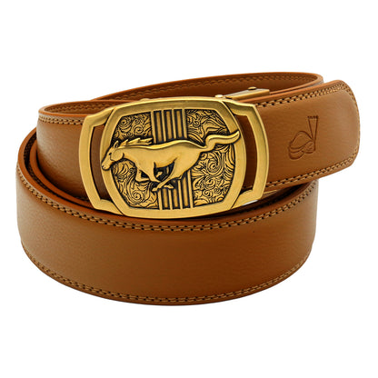 Men's Ratchet Leather Belt Running Horse Buckle 35mm Holeless