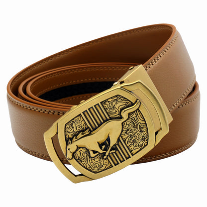 Men's Ratchet Leather Belt Running Horse Buckle 35mm Holeless
