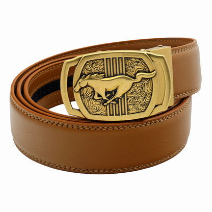 Men's Ratchet Leather Belt Running Horse Buckle 35mm Holeless