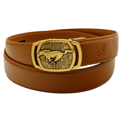 Men's Ratchet Leather Belt Running Horse Buckle 35mm Holeless