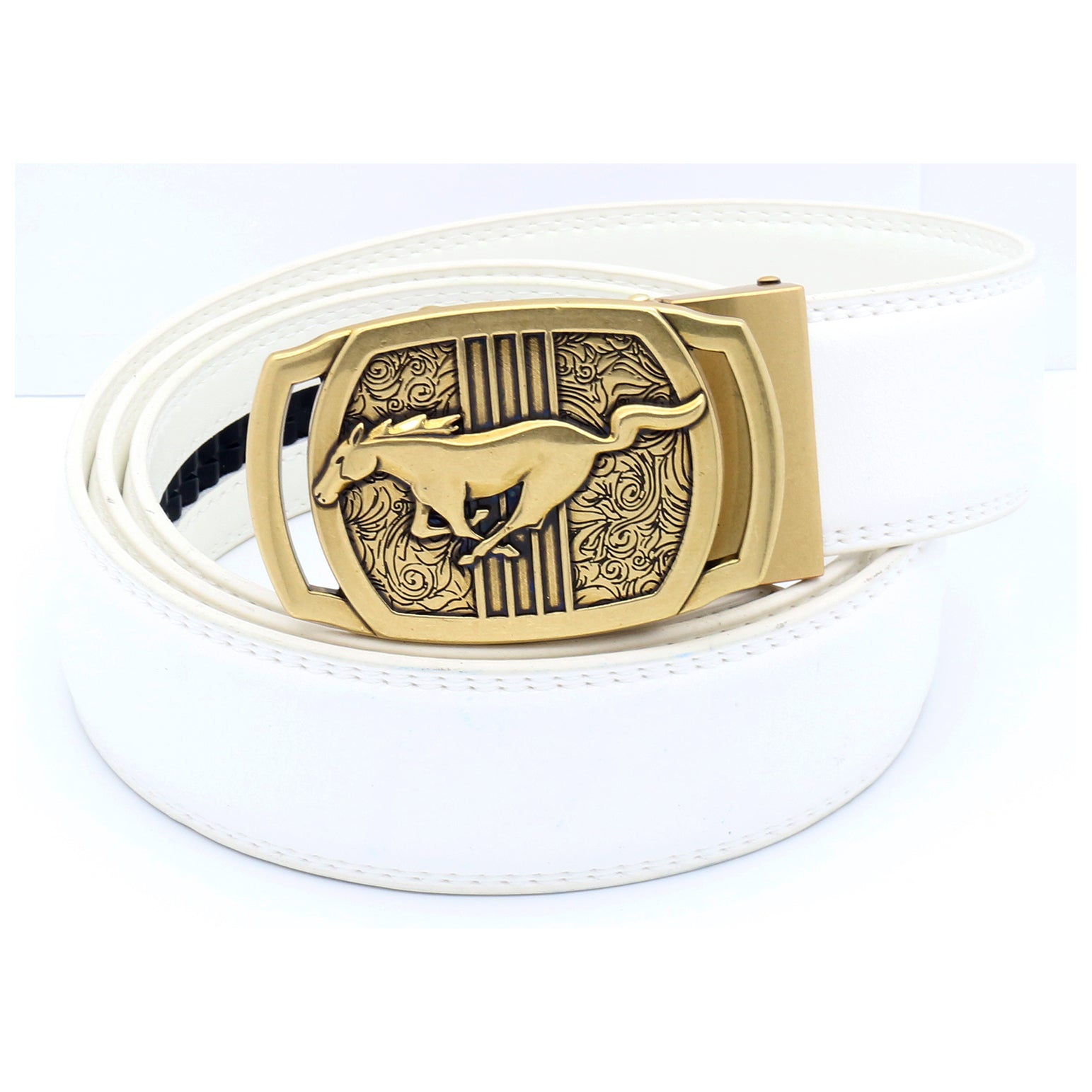 QHA Mens Ratchet Leather Belt Running Horse Automatic Buckle 35mm Wide Q26