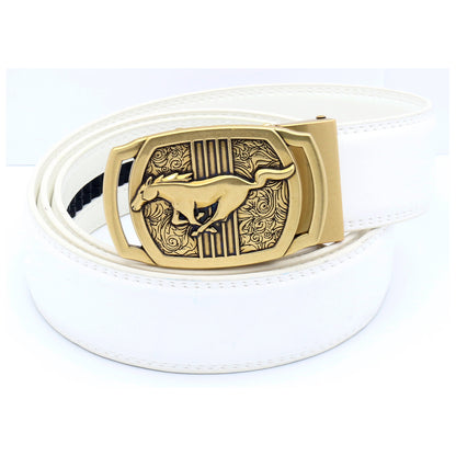 Men's Ratchet Leather Belt Running Horse Buckle 35mm Holeless