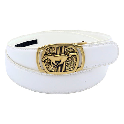 Men's Ratchet Leather Belt Running Horse Buckle 35mm Holeless