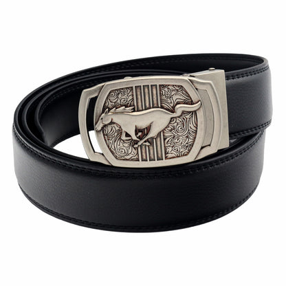 Men's Ratchet Leather Belt Running Horse Buckle 35mm Holeless