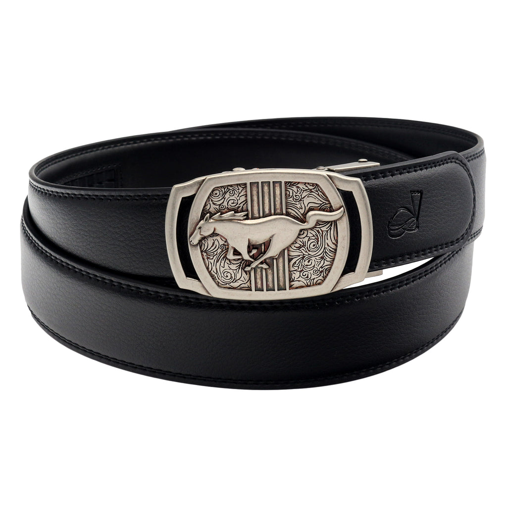 QHA Men's 35mm Leather Ratchet Belt, Running Horse Automatic Buckle Q26