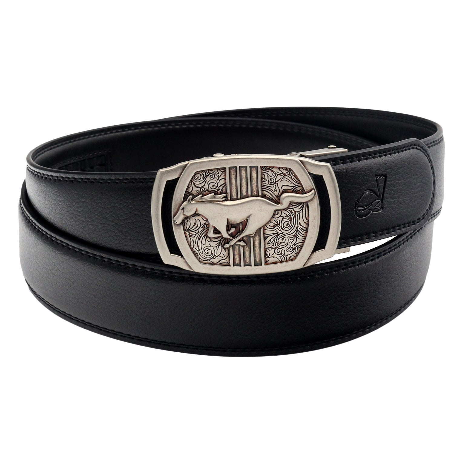 QHA Mens Ratchet Leather Belt Running Horse Automatic Buckle 35mm Wide Q26
