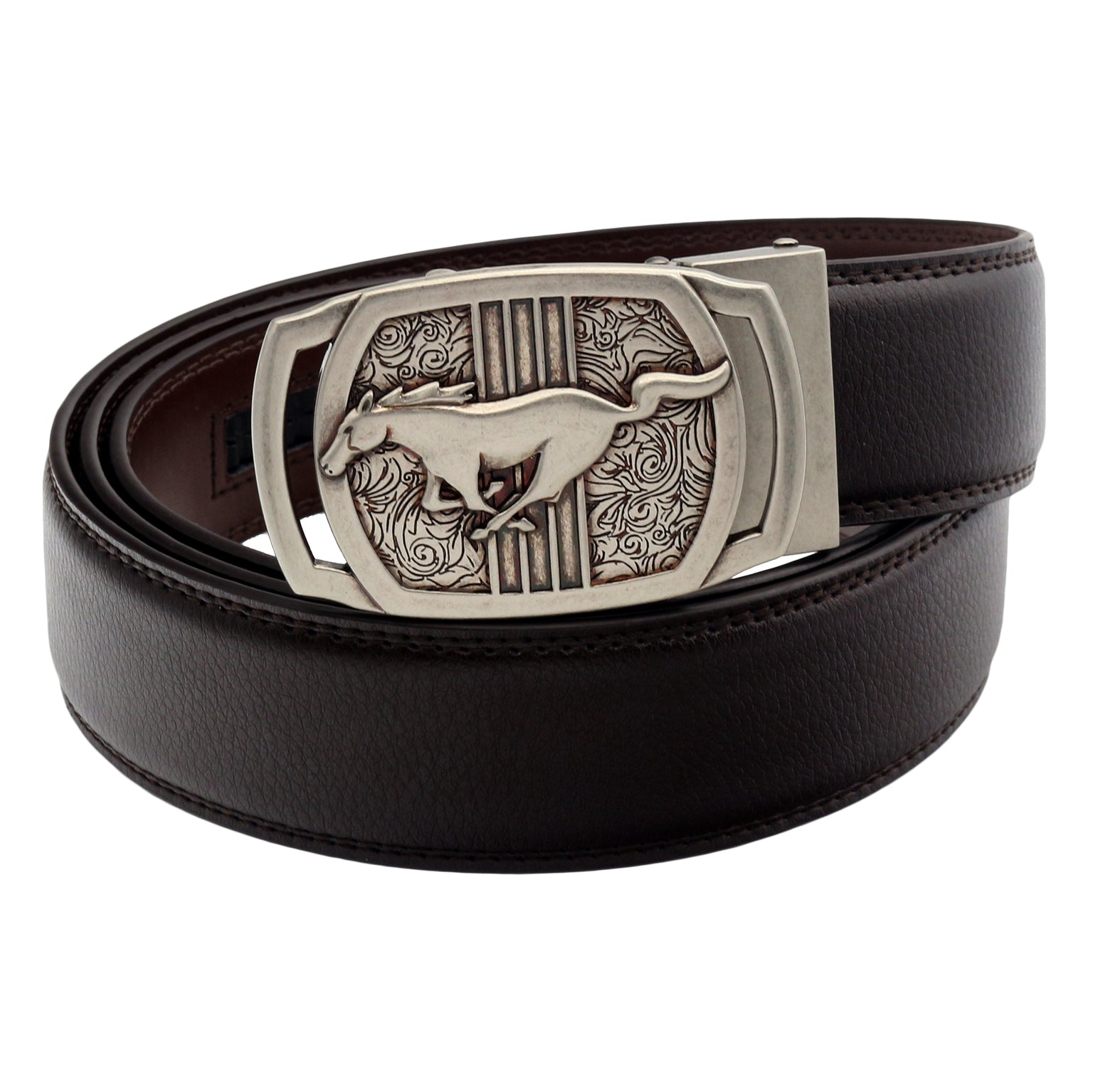 QHA Mens Ratchet Leather Belt Running Horse Automatic Buckle 35mm Wide Q26