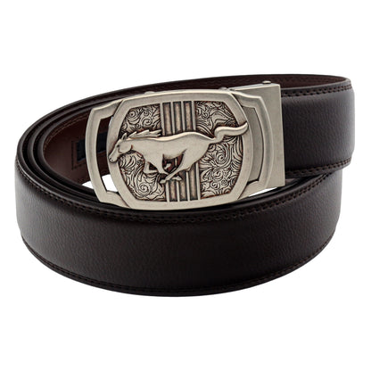 Men's Ratchet Leather Belt Running Horse Buckle 35mm Holeless