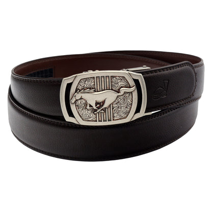Men's Ratchet Leather Belt Running Horse Buckle 35mm Holeless