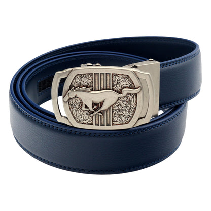 Men's Ratchet Leather Belt Running Horse Buckle 35mm Holeless