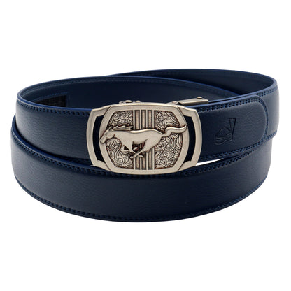 Men's Ratchet Leather Belt Running Horse Buckle 35mm Holeless