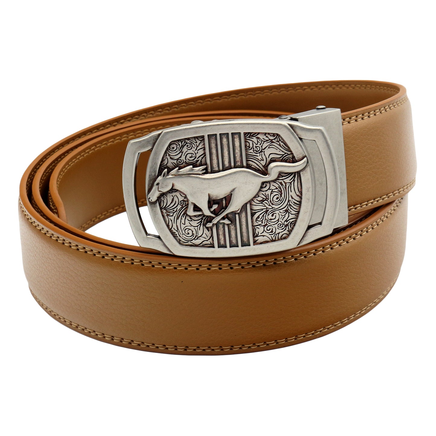 QHA Mens Ratchet Leather Belt Running Horse Automatic Buckle 35mm Wide Q26