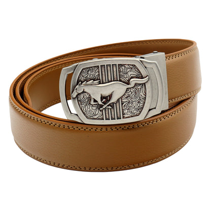 Men's Ratchet Leather Belt Running Horse Buckle 35mm Holeless