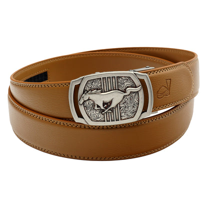 Men's Ratchet Leather Belt Running Horse Buckle 35mm Holeless