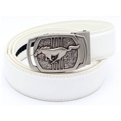 Men's Ratchet Leather Belt Running Horse Buckle 35mm Holeless