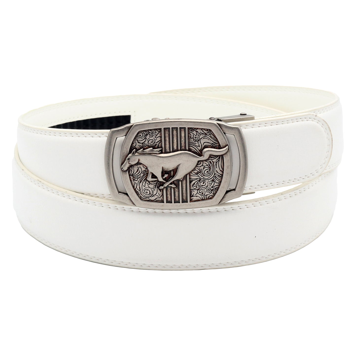 QHA Mens Ratchet Leather Belt Running Horse Automatic Buckle 35mm Wide Q26