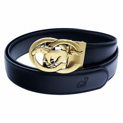 QHA Men's Ratchet Leather Belt – Running Horse Buckle, Holeless 35mm Q27