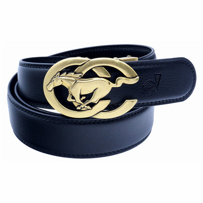 QHA Men's Ratchet Leather Belt – Running Horse Buckle, Holeless 35mm Q27