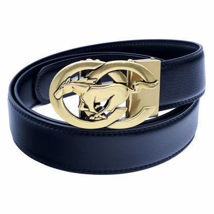 QHA Men's Ratchet Leather Belt – Running Horse Buckle, Holeless 35mm Q27