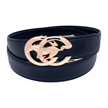 QHA Men's Ratchet Leather Belt – Running Horse Buckle, Holeless 35mm Q27