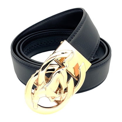 QHA Men's Ratchet Leather Belt – Running Horse Buckle, Holeless 35mm Q27