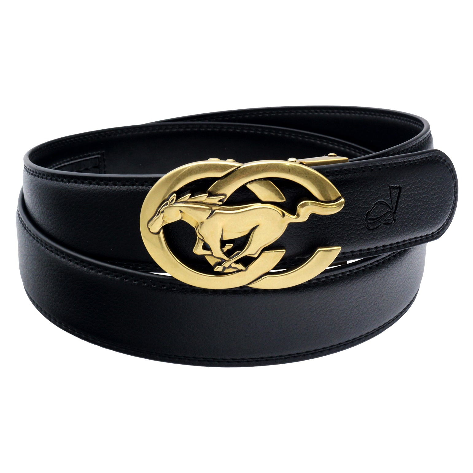 QHA Men's 35mm Leather Ratchet Belt with Running Horse Automatic Buckle Q27