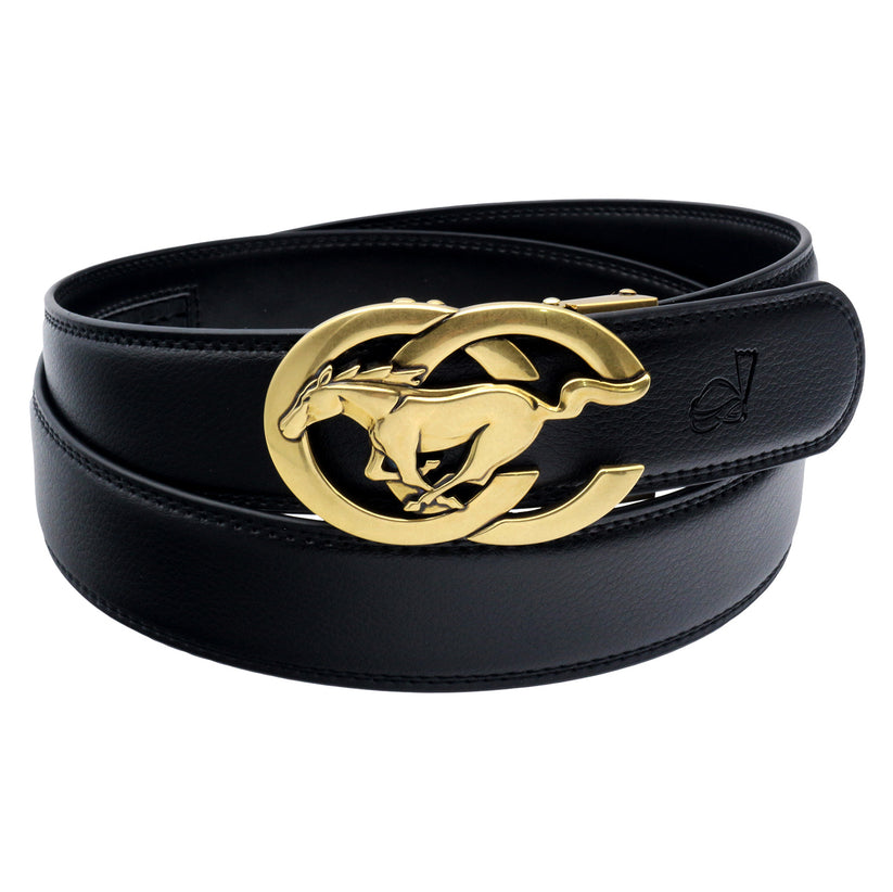 QHA Mens 35mm Leather Ratchet Belt Running Horse Automatic Buckle Q27 - QHA UK