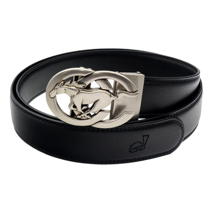 QHA Men's Ratchet Leather Belt – Running Horse Buckle, Holeless 35mm Q27